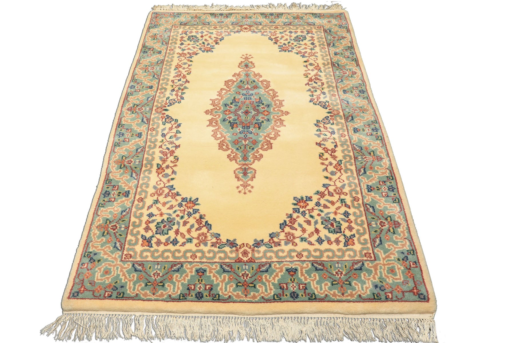 4x6 Ivory, Turquoise, Blush Color Hand Knotted Indo Kerman New Zealand Wool Traditional Oriental Rug
