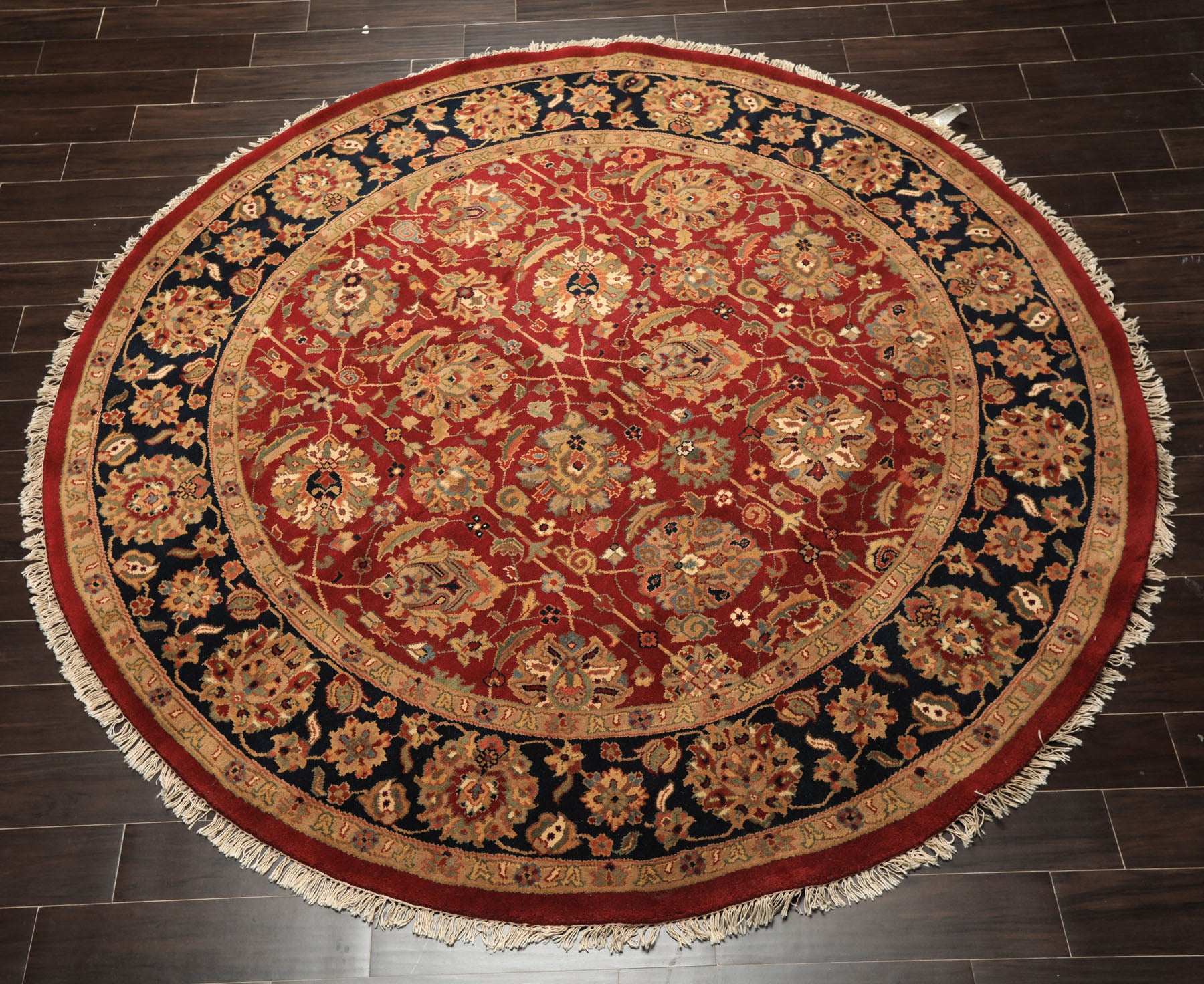 Round Red, Midnight Blue, Aqua Color Hand Knotted Agra Wool Traditional Oriental Rug