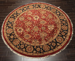 Round Red, Midnight Blue, Aqua Color Hand Knotted Agra Wool Traditional Oriental Rug