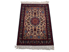 2x3 Beige, Navy, Red Color Hand Knotted Isfahan Wool & Silk Traditional Oriental Rug