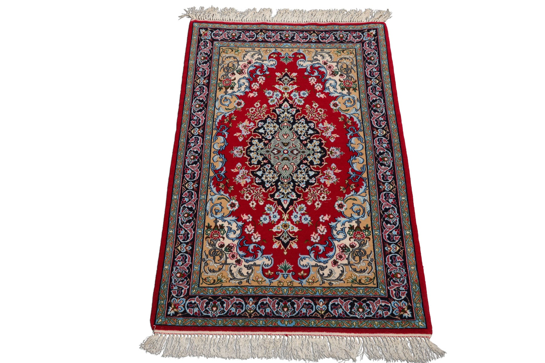 2x3 Red, Blue, Pistacchio Color Hand Knotted Isfahan Wool & Silk Traditional Oriental Rug