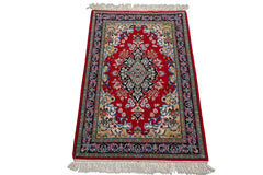 2x3 Red, Blue, Pistacchio Color Hand Knotted Isfahan Wool & Silk Traditional Oriental Rug