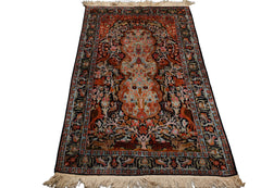 3x5 Black, Orange, Cream Color Hand Knotted Qum All Silk Silk Traditional Oriental Rug