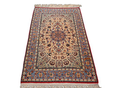 3x5 Ivory, Aqua, Blue Color Hand Knotted Isfahan Wool & Silk Traditional Oriental Rug