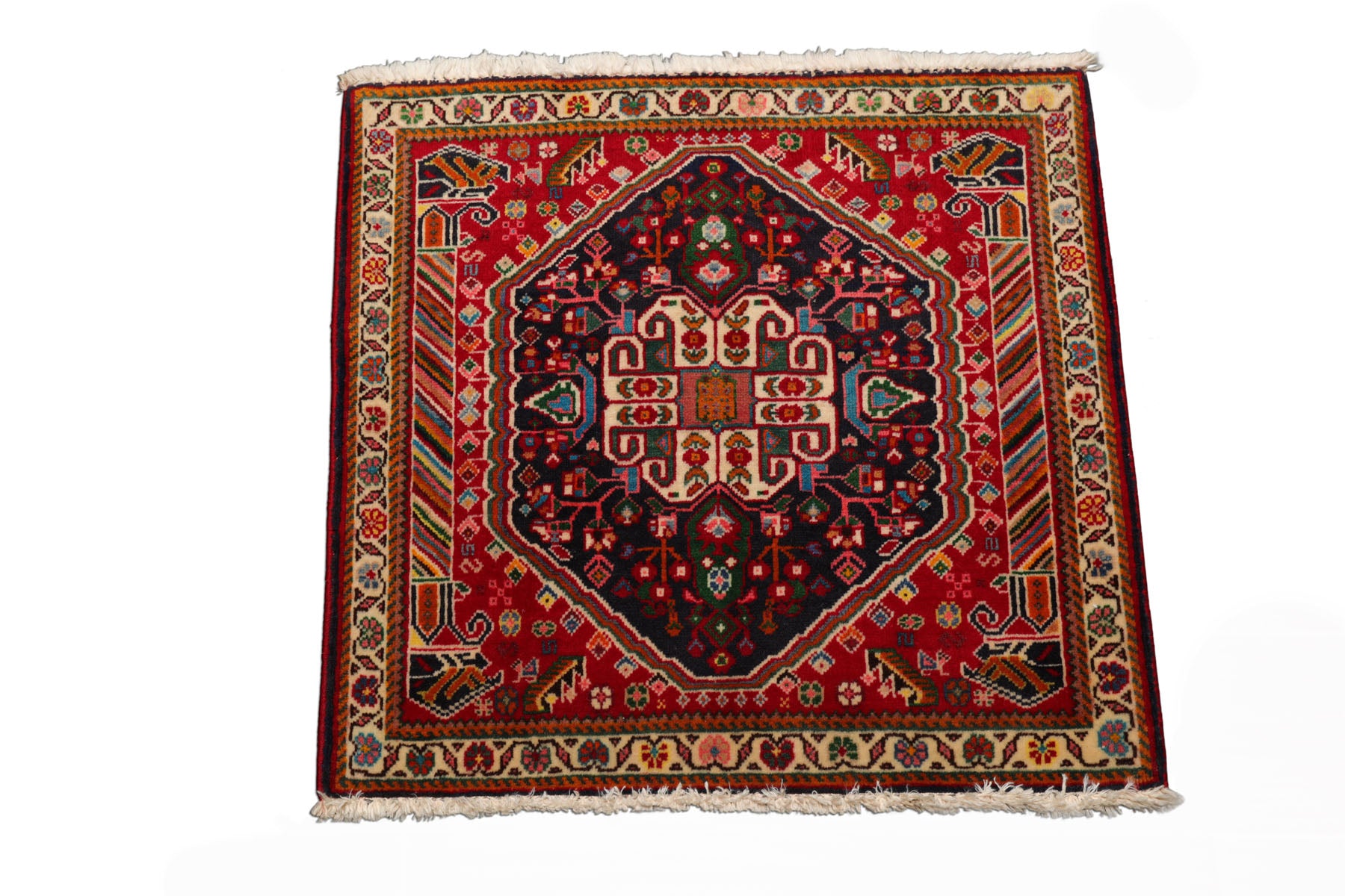 Square Navy, Red, Green Color Hand Knotted Abadeh Wool Traditional Oriental Rug
