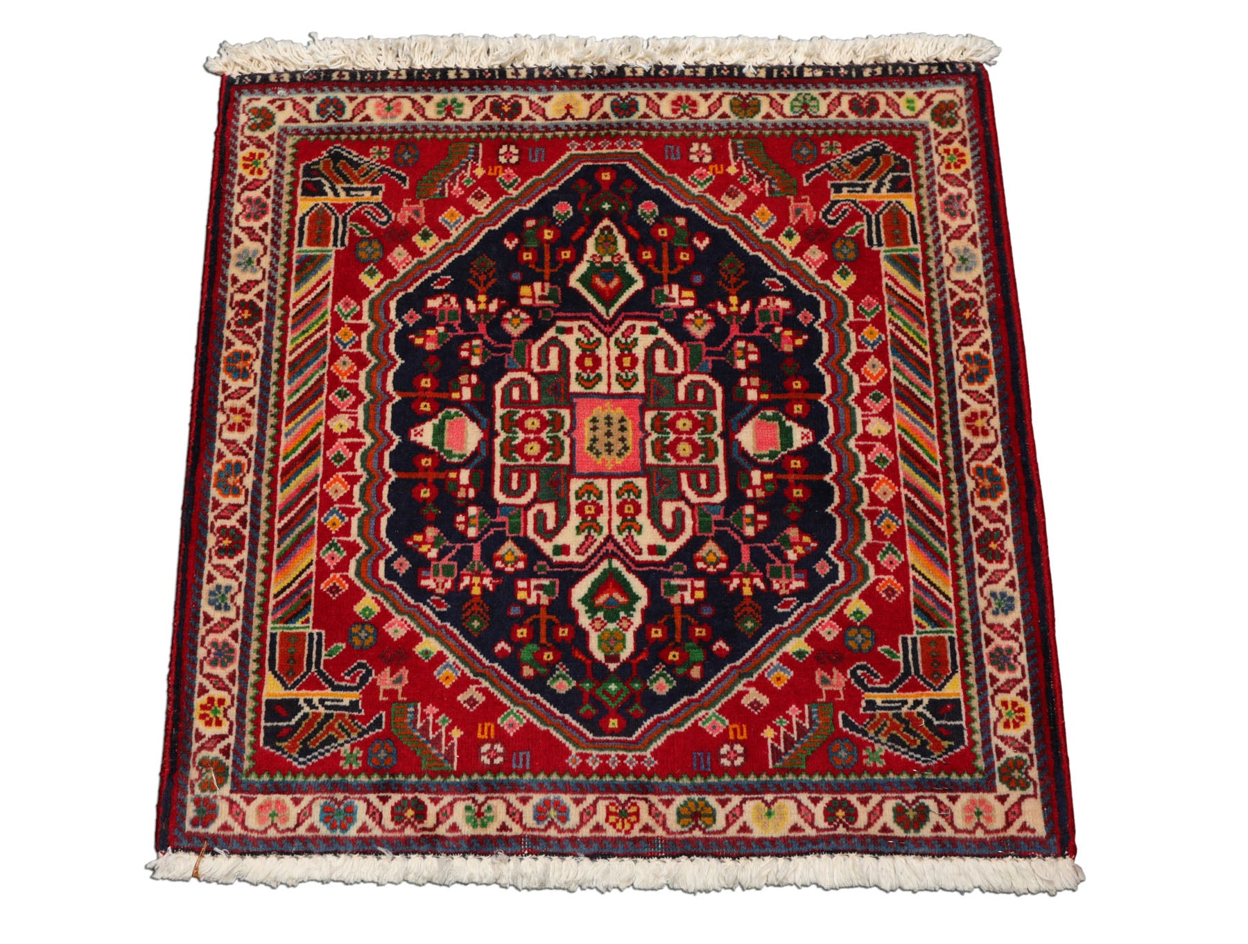 Square Navy, Red, Green Color Hand Knotted Abadeh Wool Traditional Oriental Rug