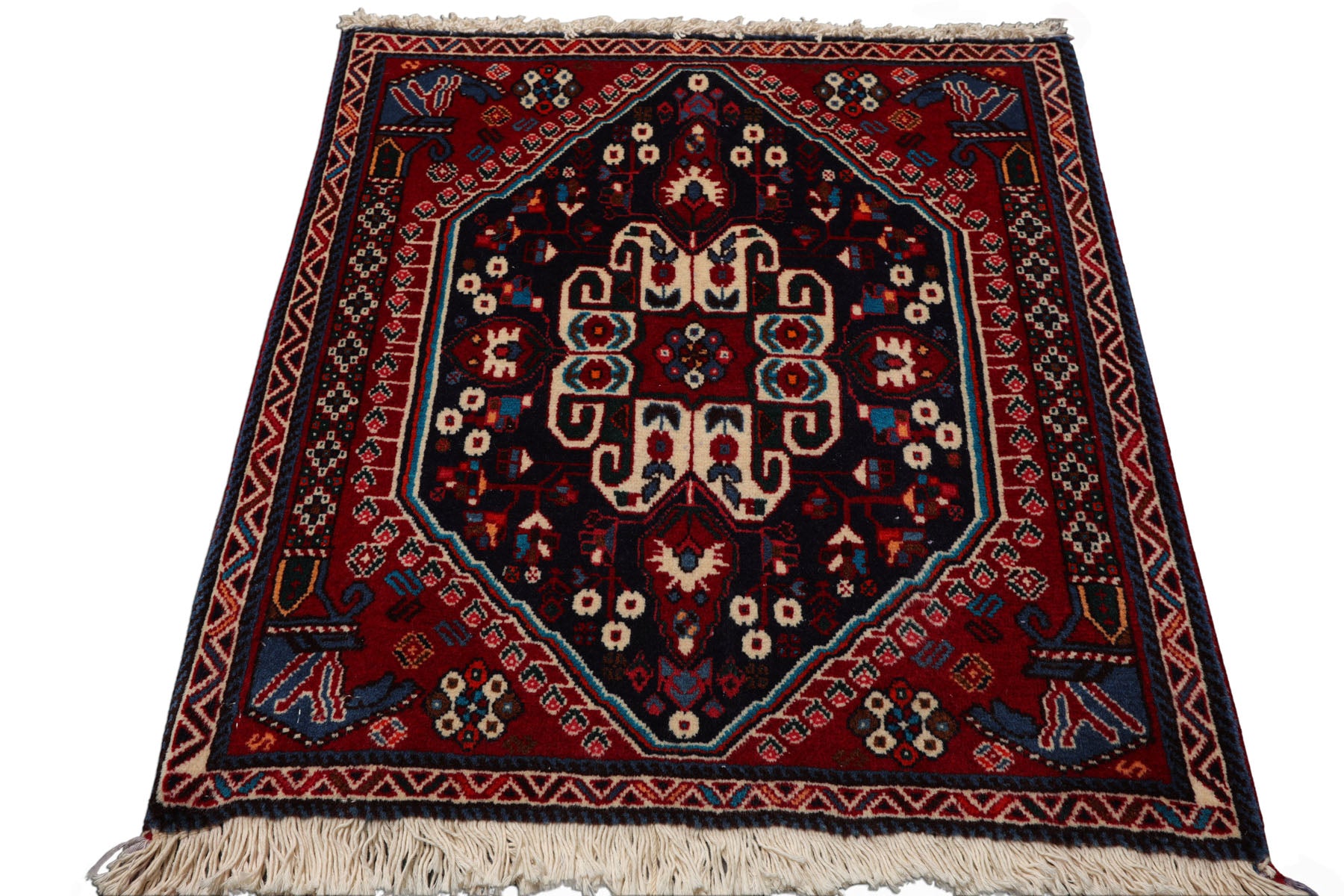 Square Navy, Red, Ivory Color Hand Knotted Abadeh Wool Traditional Oriental Rug