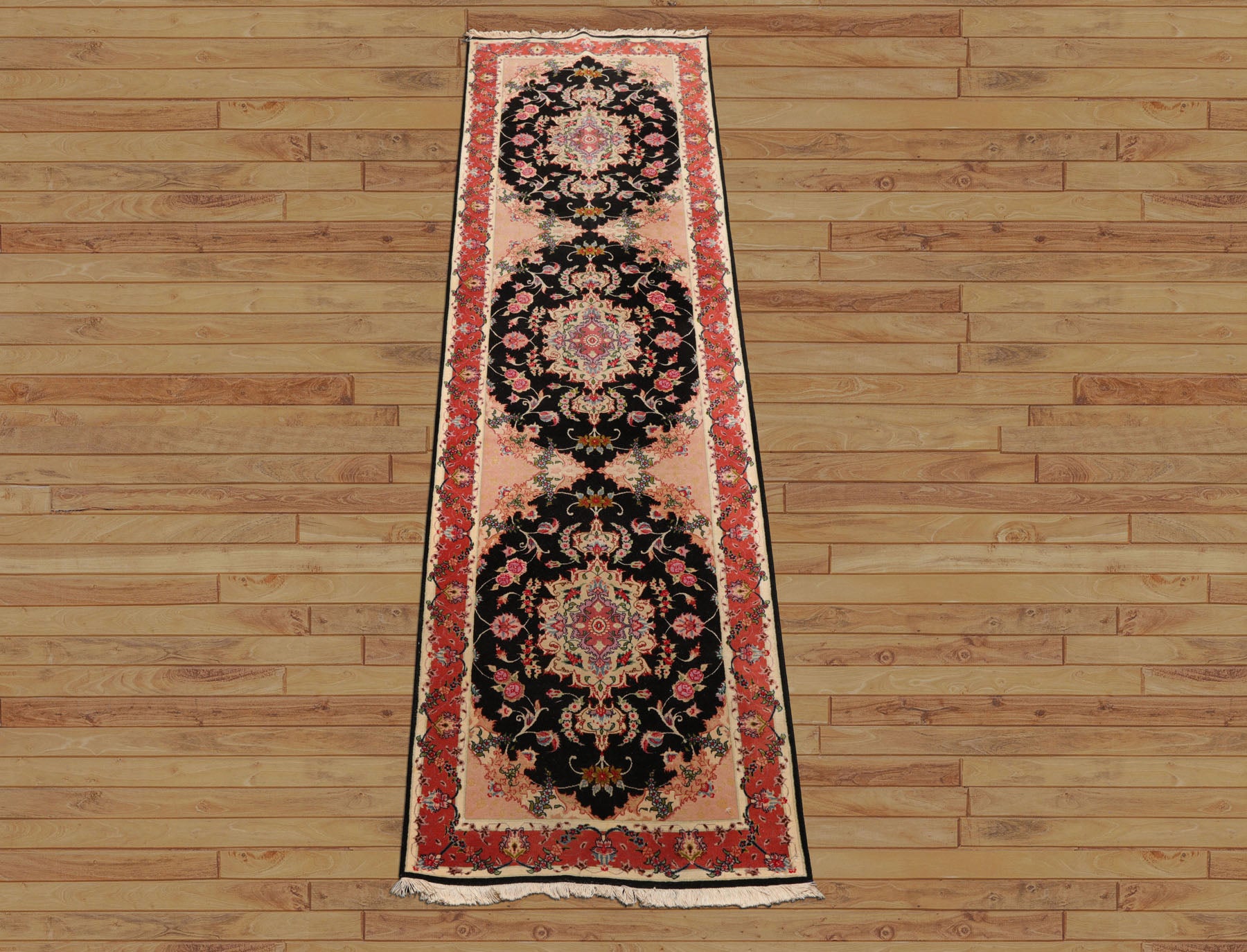 Runner Black, Peach, Coral Color Hand Knotted Tabriz Wool & Silk Traditional Oriental Rug