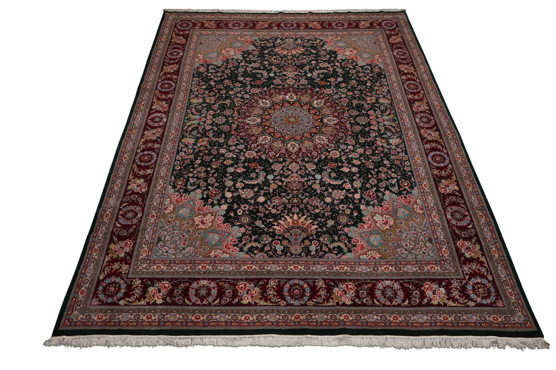 9x12 Emerald, Burgundy, Aqua Color Hand Knotted Sino Persian Wool & Silk Traditional Oriental Rug