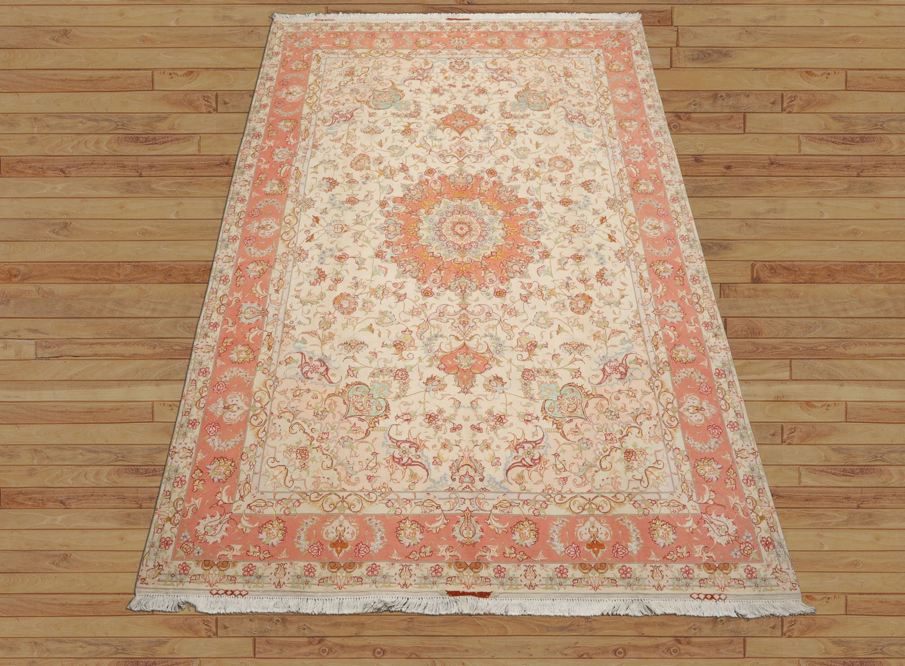 6x10 Ivory, Rose, Lime Color Hand Knotted Tabriz Wool & Silk Traditional Oriental Rug