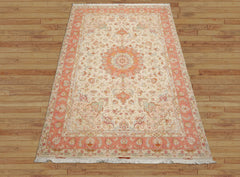 6x10 Ivory, Rose, Lime Color Hand Knotted Tabriz Wool & Silk Traditional Oriental Rug