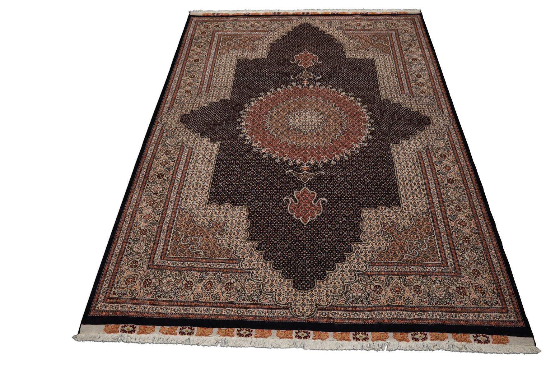 8x11 Midnight Blue, Ivory, Rose Color Hand Knotted Tabriz Wool Traditional Oriental Rug