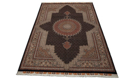 8x11 Midnight Blue, Ivory, Rose Color Hand Knotted Tabriz Wool Traditional Oriental Rug