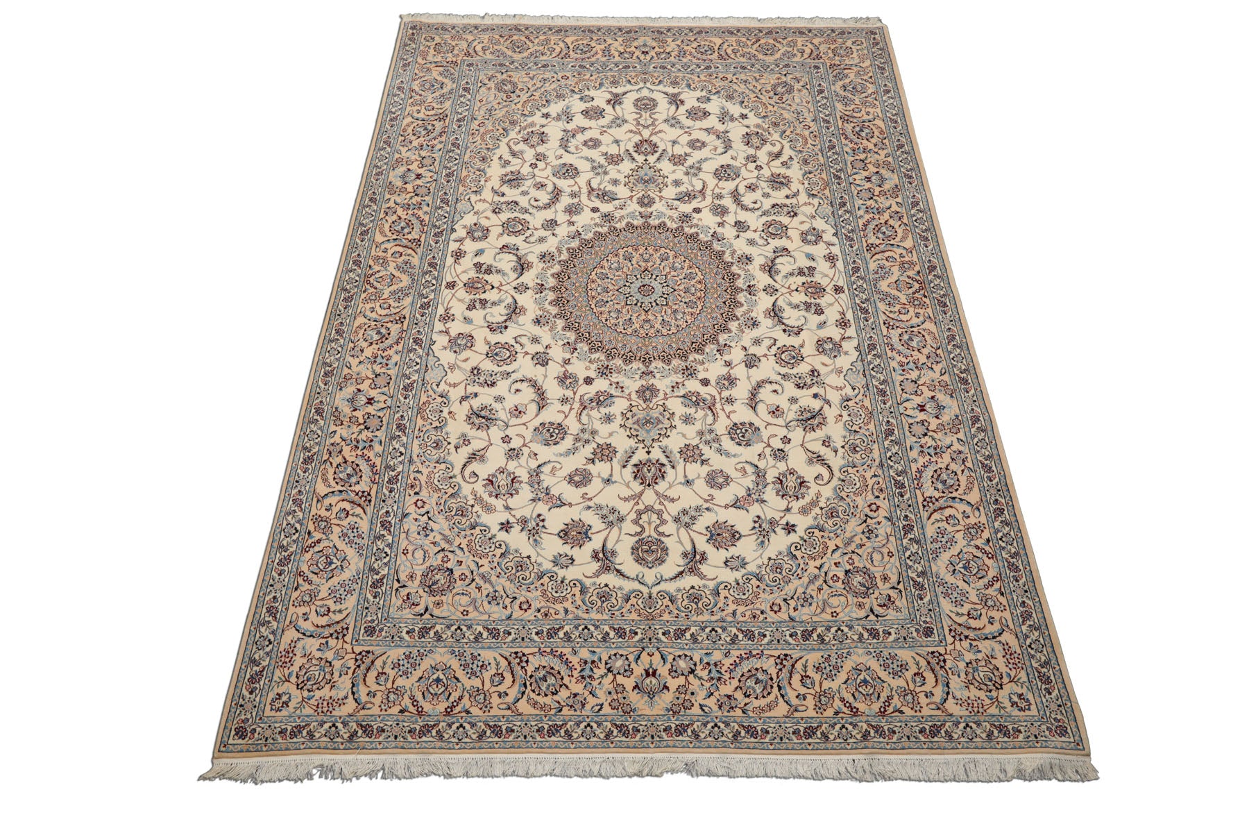 7x10 Ivory, Peach, Blue Color Hand Knotted Nain Wool & Silk Traditional Oriental Rug
