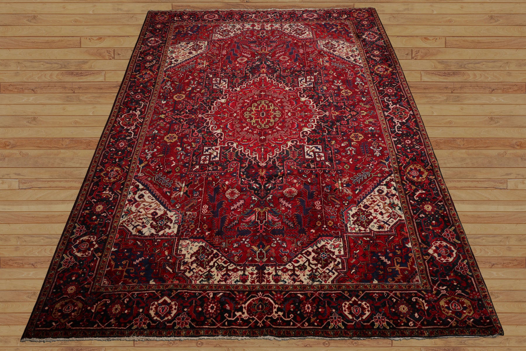 10x13 Red, Navy, Ivory Color Hand Knotted Heriz Wool Traditional Oriental Rug