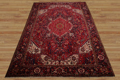 10x13 Red, Navy, Ivory Color Hand Knotted Heriz Wool Traditional Oriental Rug