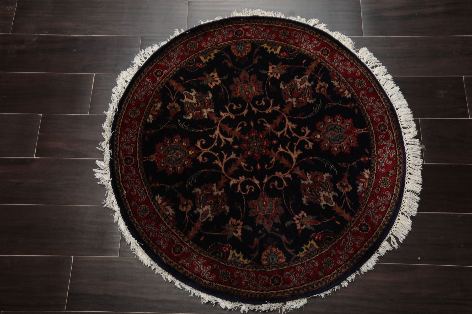 Round Midnight Blue, Burgundy, Rose Color Hand Knotted Agra New Zealand Wool Traditional Oriental Rug