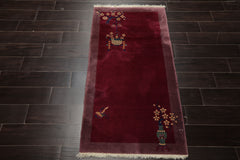 3x5 Plum, Taupe, Beige Color Hand Knotted Antique Chinese Art Deco Wool Pictorial Oriental Rug
