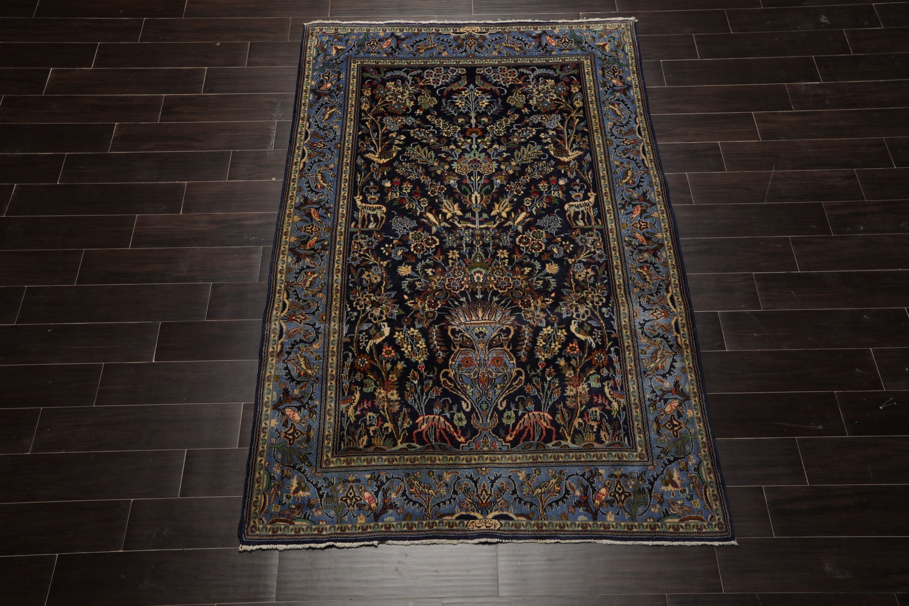 4x7 Navy, Ivory, blue Color Hand Knotted Kashan Wool Traditional Oriental Rug