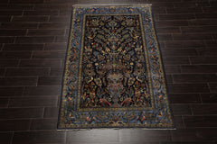 4x7 Navy, Ivory, blue Color Hand Knotted Kashan Wool Traditional Oriental Rug