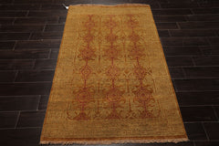 4x6 Gold, Rust, Green Color Hand Knotted Tibetan Wool Transitional Oriental Rug