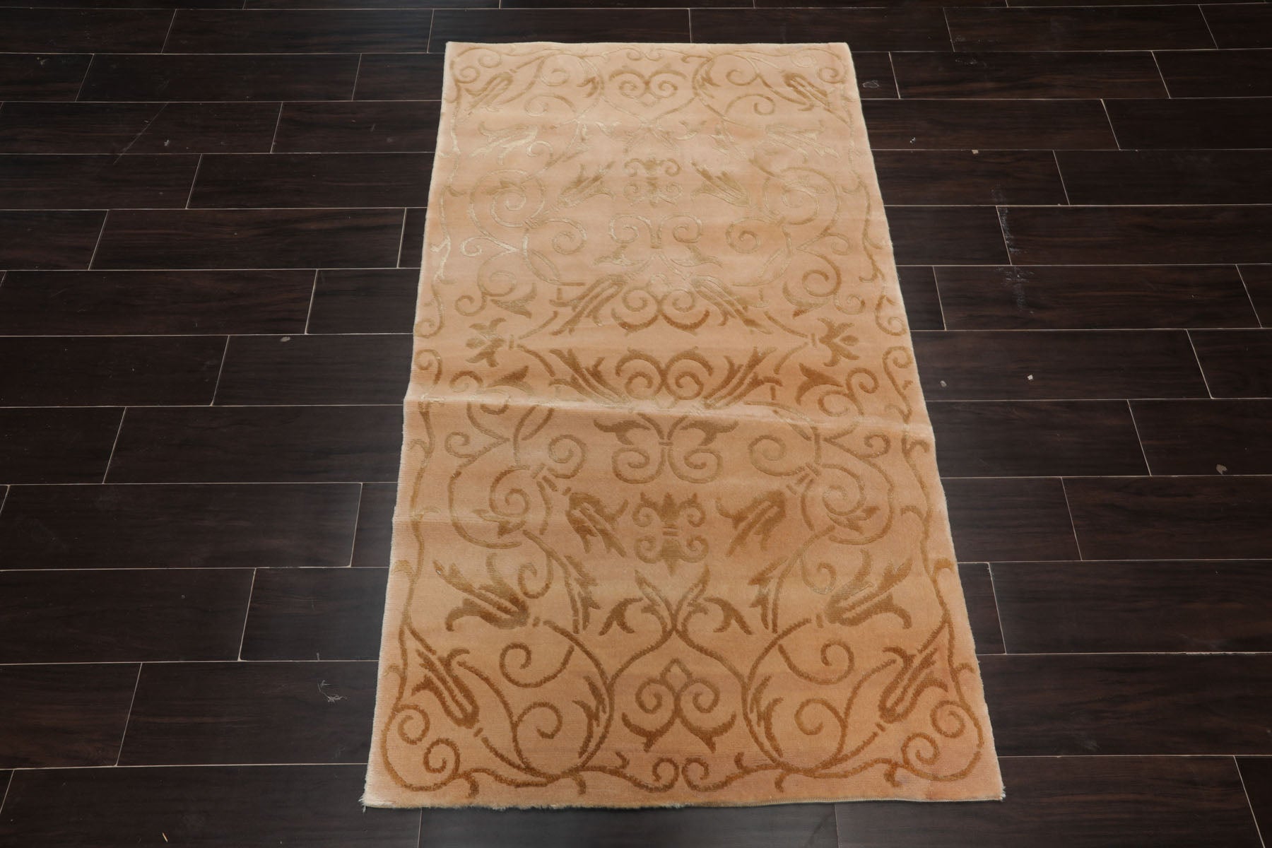 3x5 Tan, Light Peach, Color Hand Knotted Tibetan Wool & Silk Transitional Oriental Rug