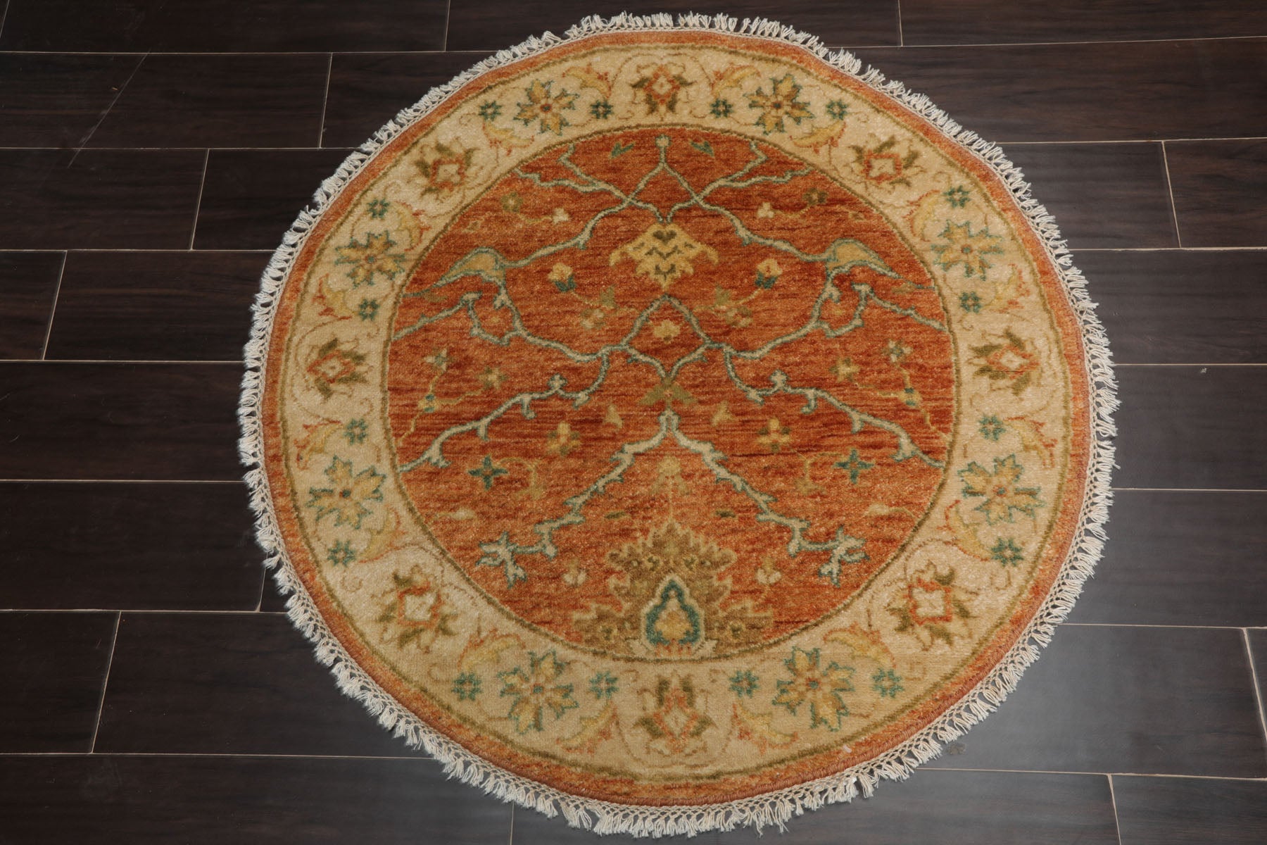 Round Burnt Orange, Beige, Turquoise Color Hand Knotted Agra New Zealand Wool Traditional Oriental Rug