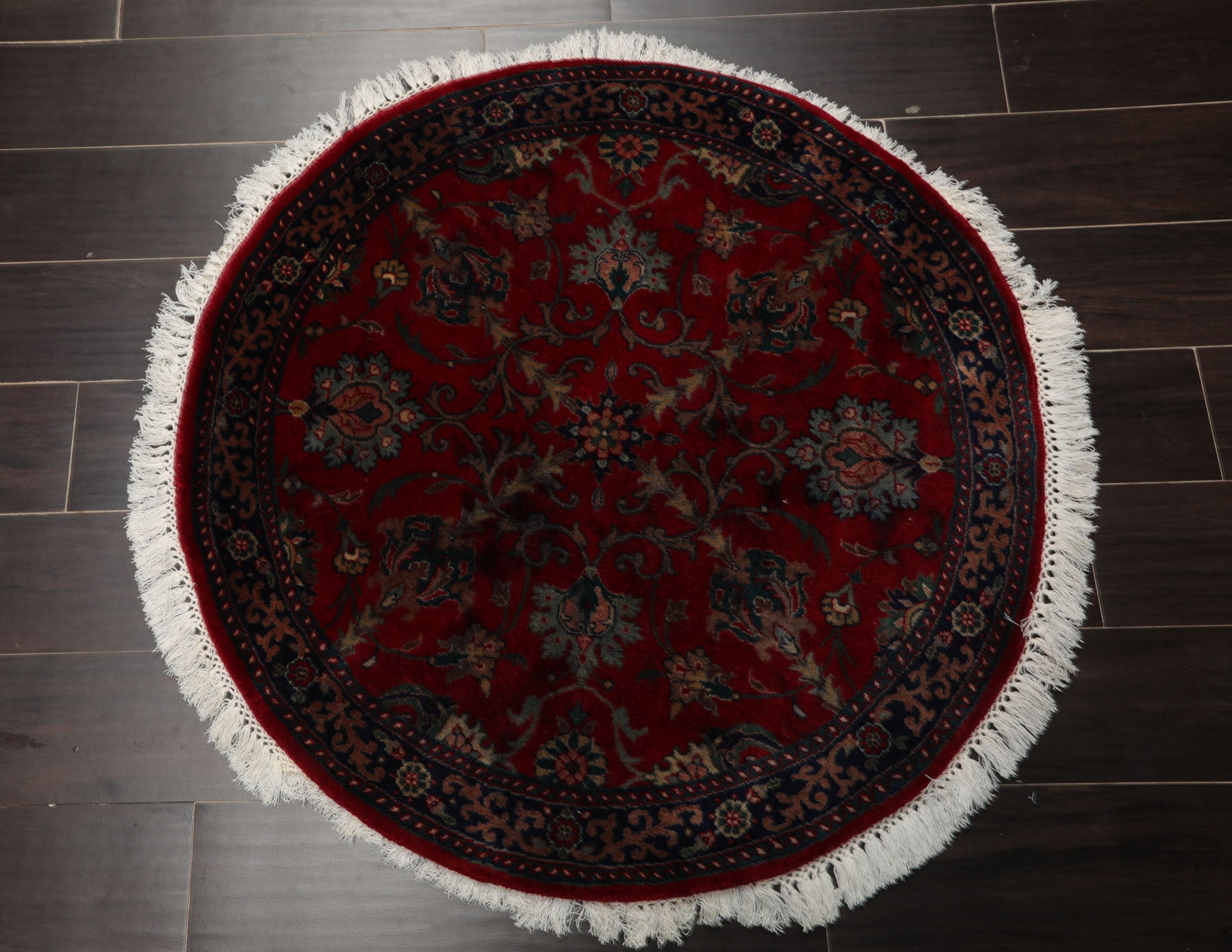 Round Burgundy, Navy, Teal Color Hand Knotted Agra New Zealand Wool Traditional Oriental Rug