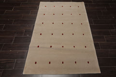 4x6 Beige, Red, Gold Color Hand Knotted Tibetan Wool & Silk Modern & Contemporary Oriental Rug