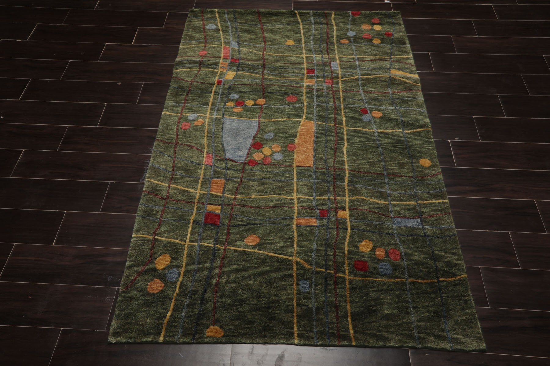 4x6 Green, Peach, Gold Color Hand Knotted Tibetan Wool Modern Oriental Rug