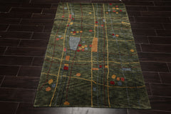 4x6 Green, Peach, Gold Color Hand Knotted Tibetan Wool Modern Oriental Rug