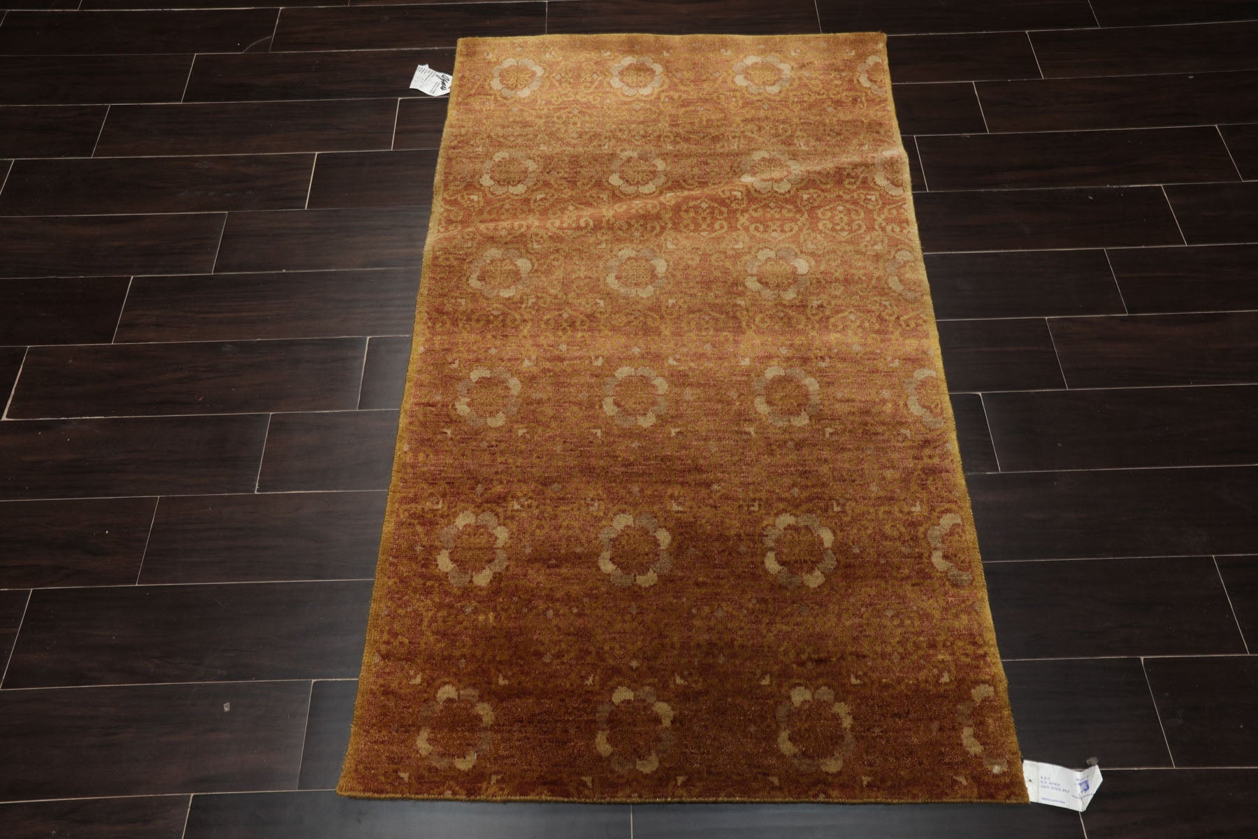 3x5 Rust, Green, Beige Color Hand Knotted Tibetan Wool Transitional Oriental Rug