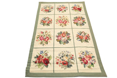 4x6 Ivory, Sage, Red Color Hand Woven Portugese Needlepoint Wool Traditional Oriental Rug