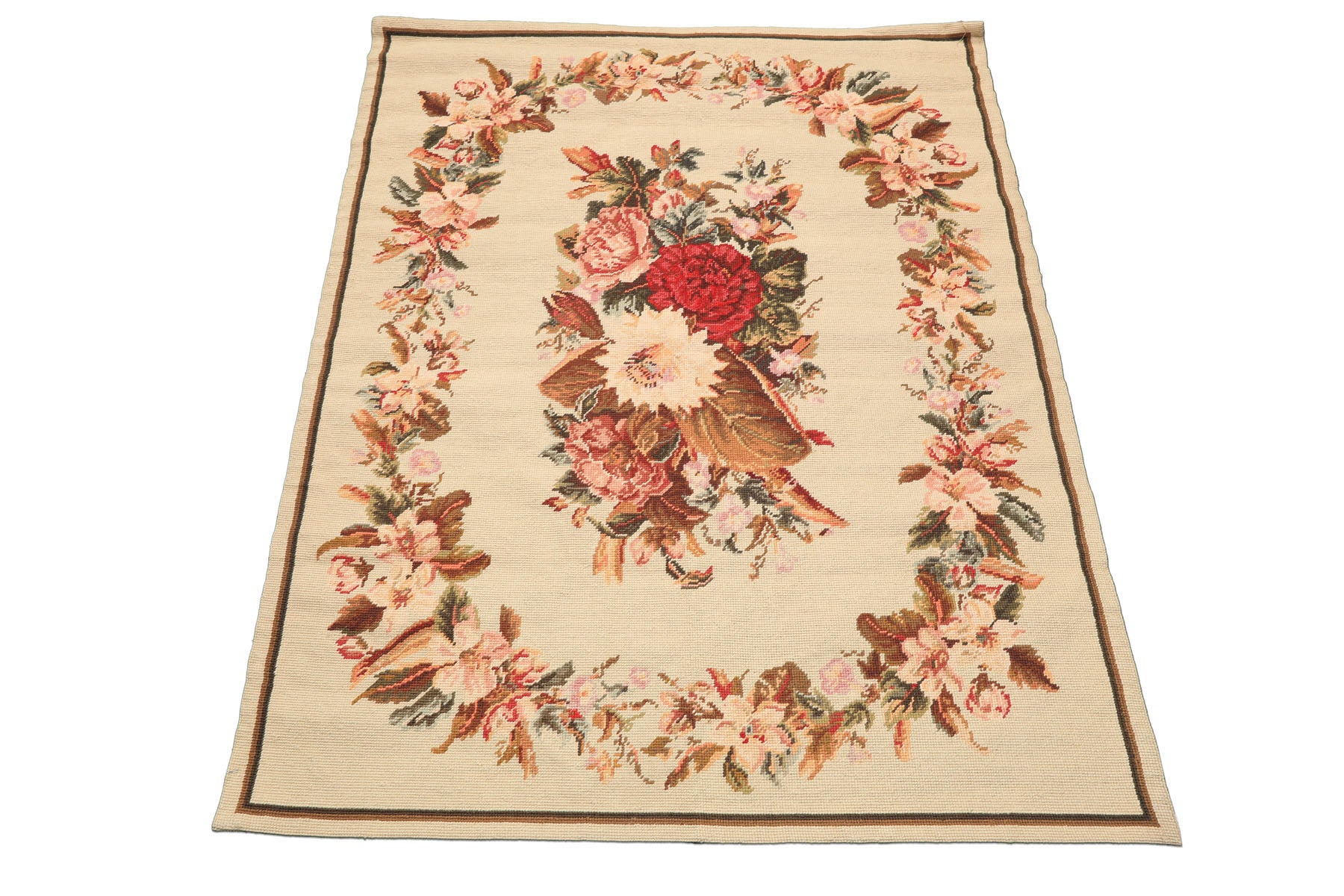 4x6 Ivory, Pink, Blush Color Hand Woven French Needlepoint Wool Traditional Oriental Rug