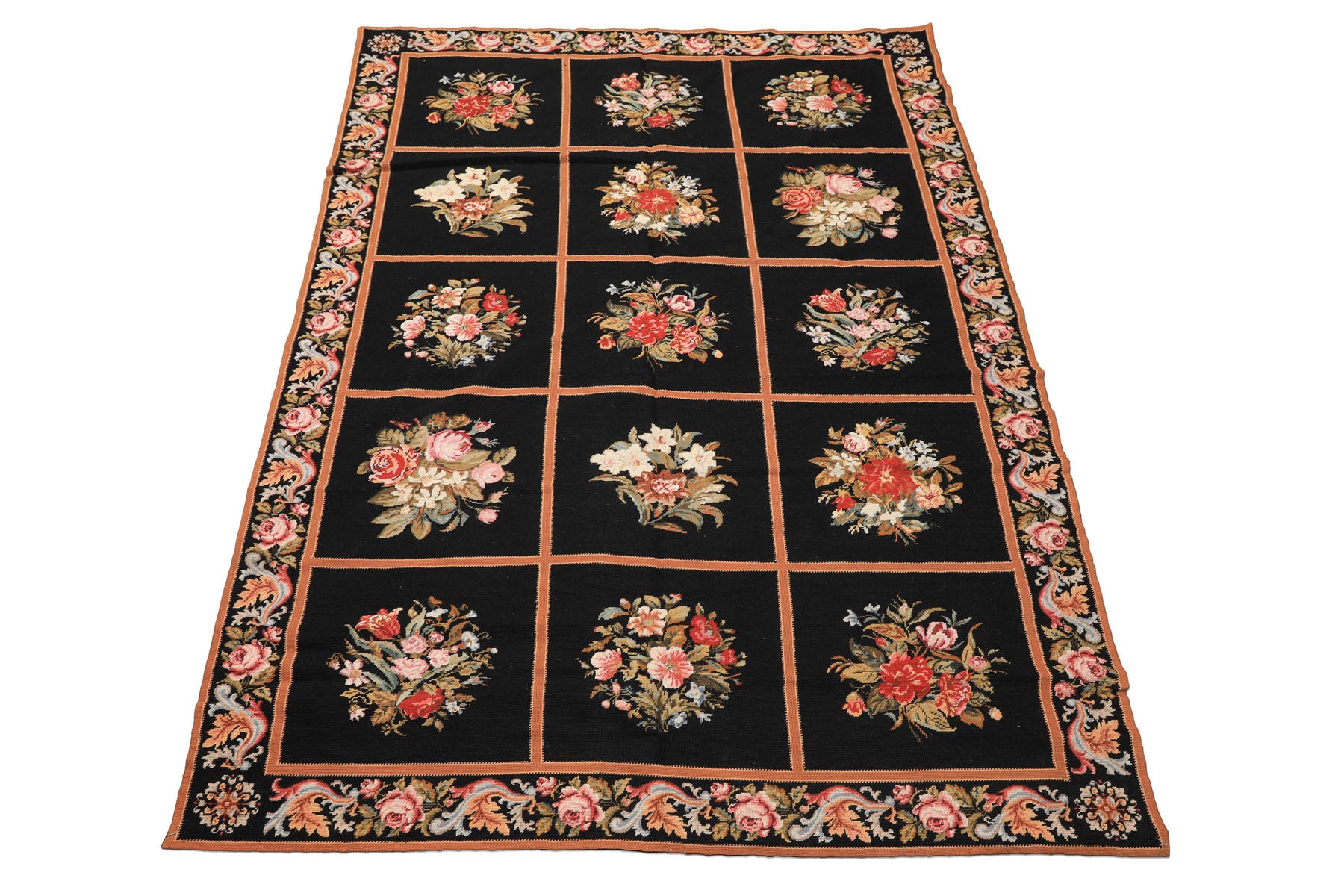 5x8 Black, Brown, Coral Color Hand Woven French Needlepoint Wool Traditional Oriental Rug