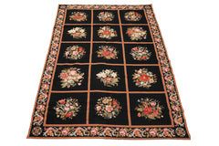 5x8 Black, Brown, Coral Color Hand Woven French Needlepoint Wool Traditional Oriental Rug