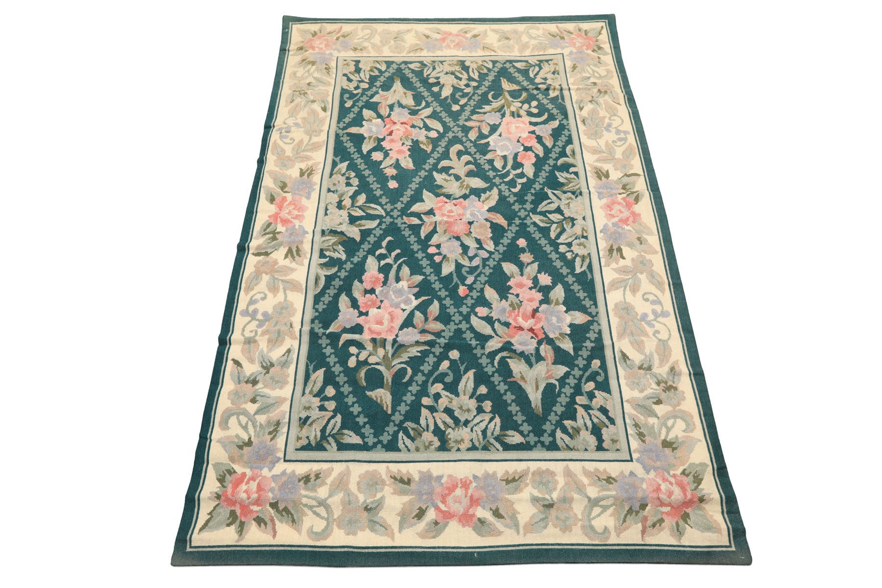 4x6 Teal, Ivory, Blush Color Hand Woven French Needlepoint Wool Traditional Oriental Rug