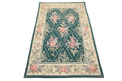 4x6 Teal, Ivory, Blush Color Hand Woven French Needlepoint Wool Traditional Oriental Rug
