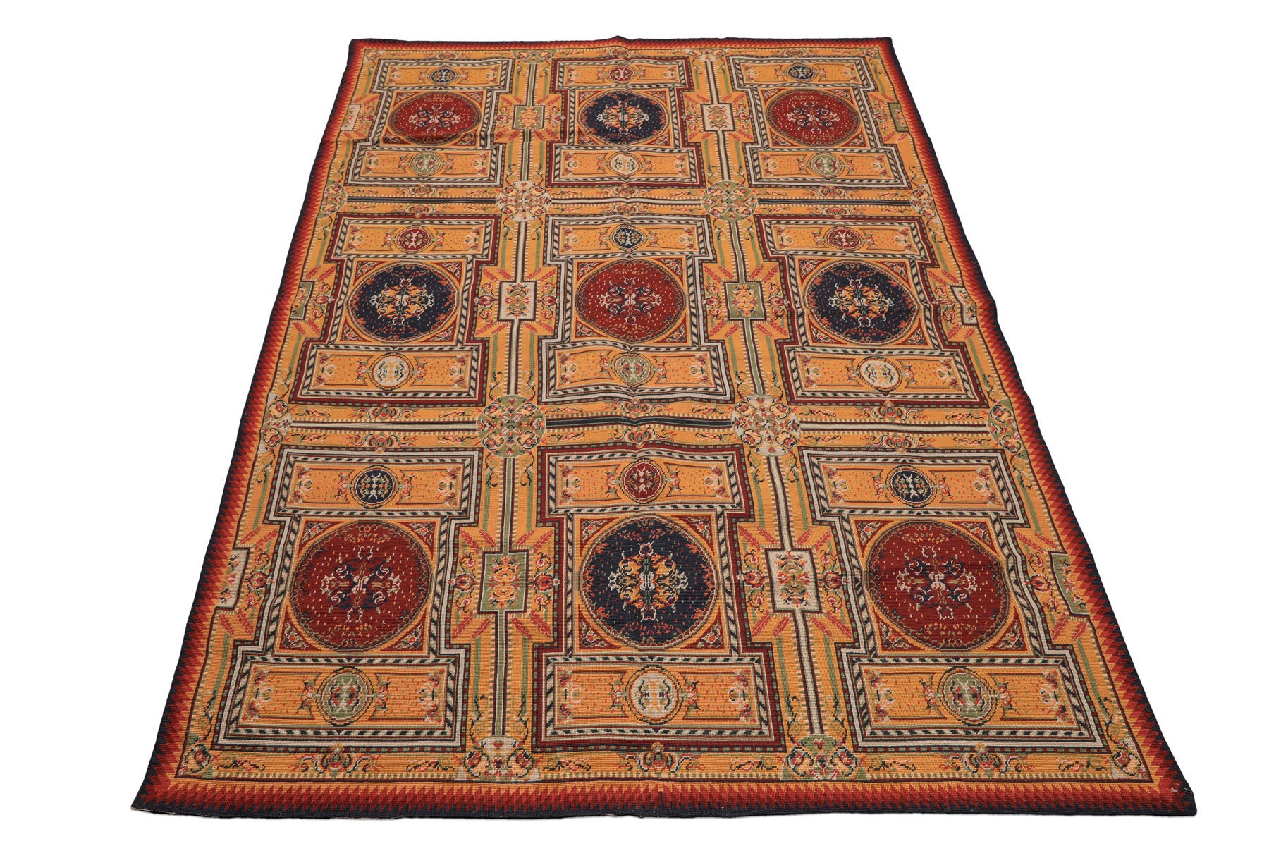 5x8 Gold, Navy, Green Color Hand Woven French Needlepoint Wool Traditional Oriental Rug