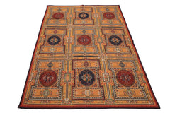 5x8 Gold, Navy, Green Color Hand Woven French Needlepoint Wool Traditional Oriental Rug