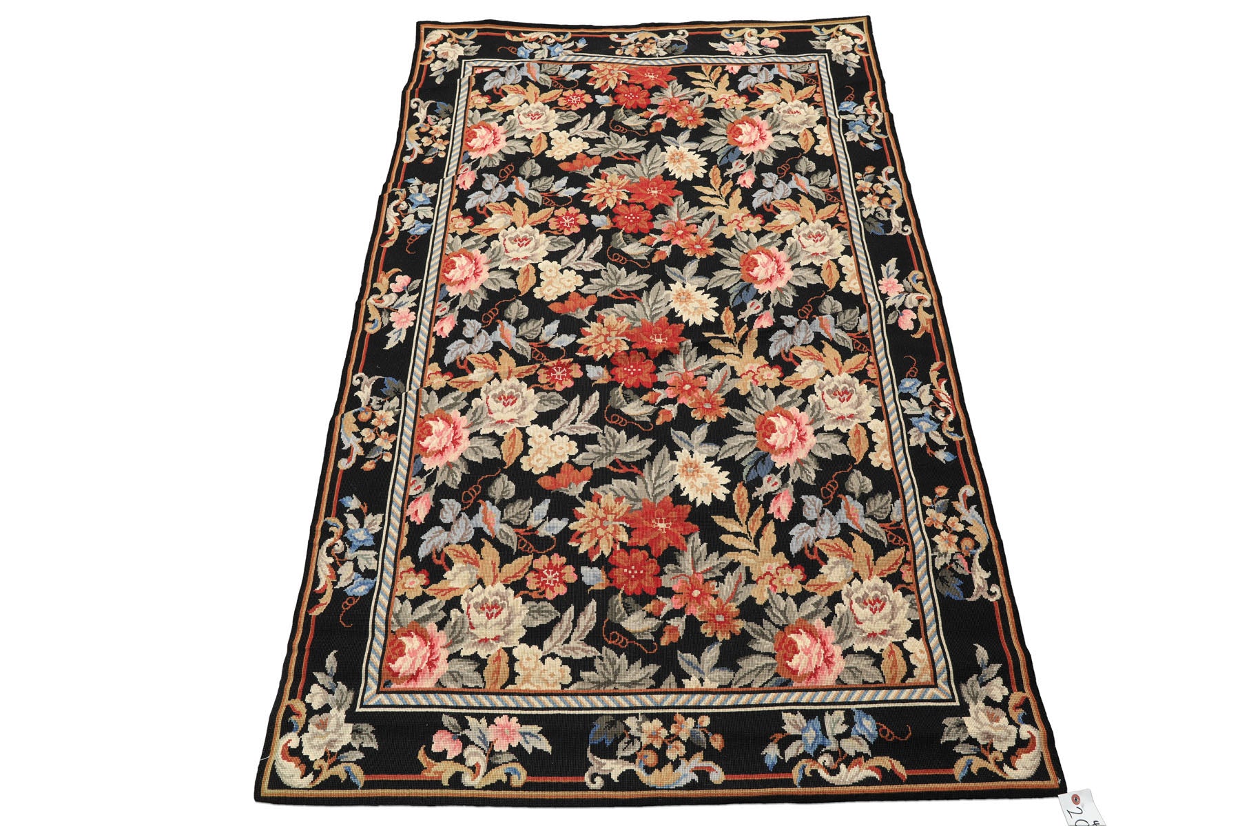 4x6 Black, Ivory, Tan Color Hand Woven French Needlepoint Wool Traditional Oriental Rug