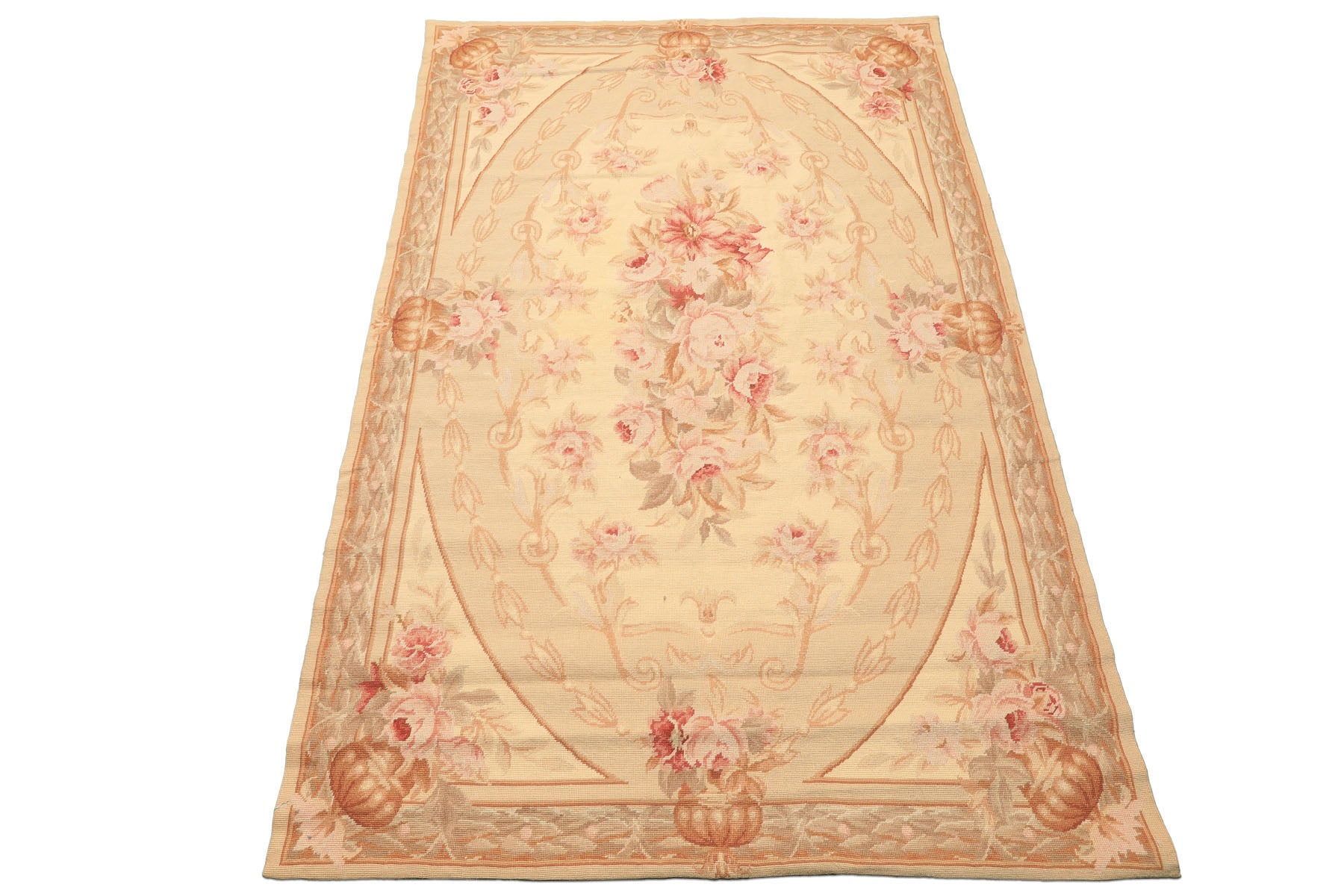 4x6 Beige, Brown, Tan Color Hand Woven French Needlepoint Wool Traditional Oriental Rug