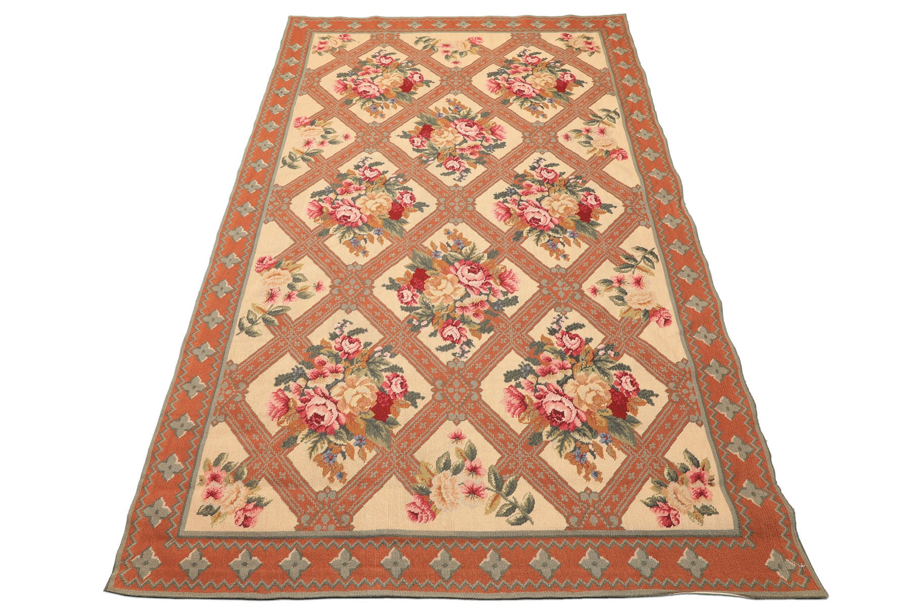 4x7 Light Peach, Burnt Orange, Pink Color Hand Woven French Needlepoint Wool Traditional Oriental Rug