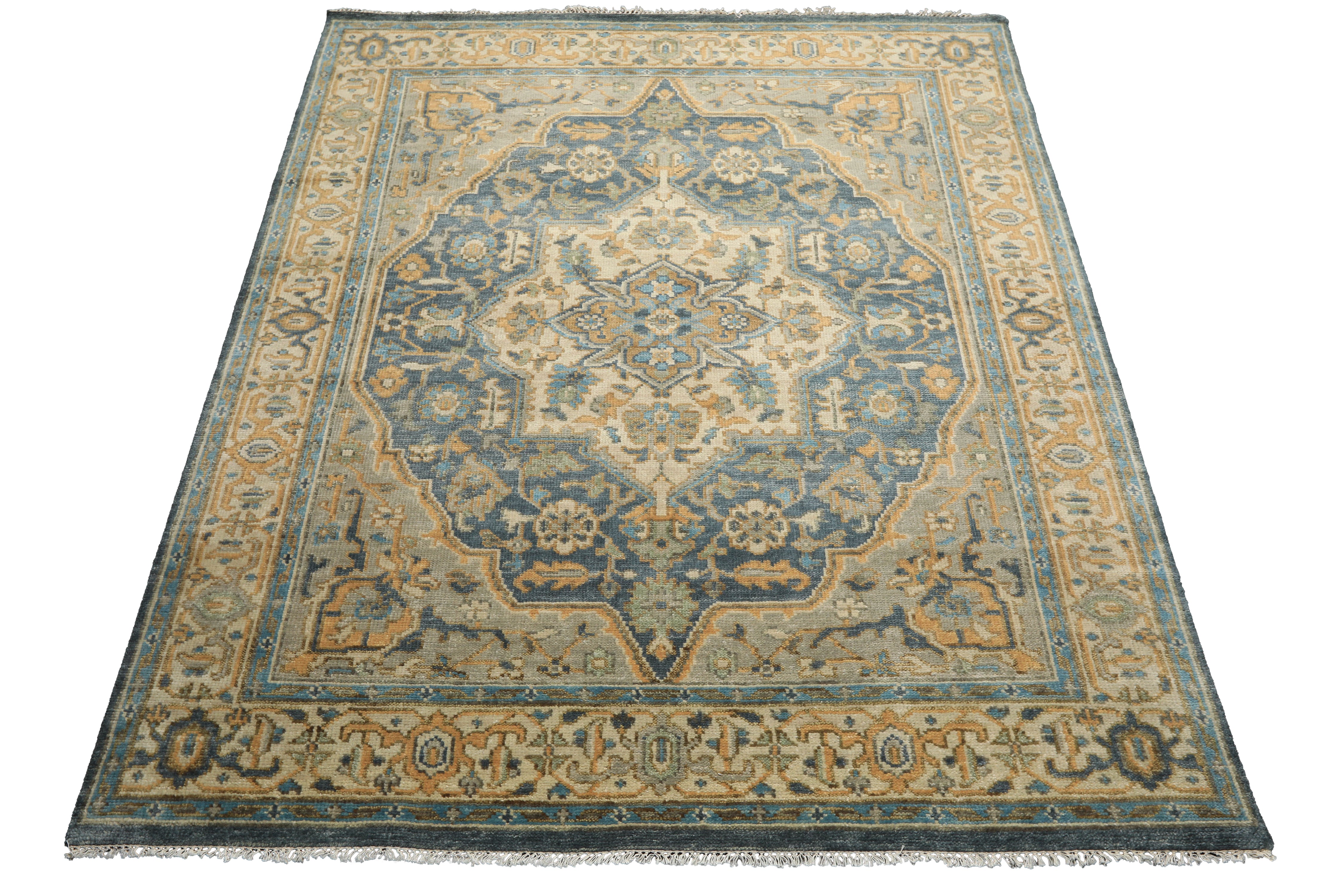 8x10 Blue, Beige, Gold Color Hand Knotted Oushak Wool Traditional Oriental Rug