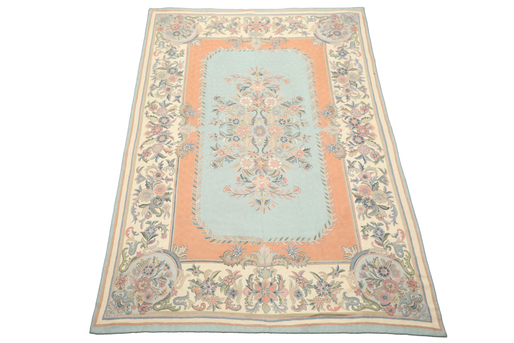6x9 Aqua, Blush, Ivory Color Hand Woven Chainstitch Wool Traditional Oriental Rug