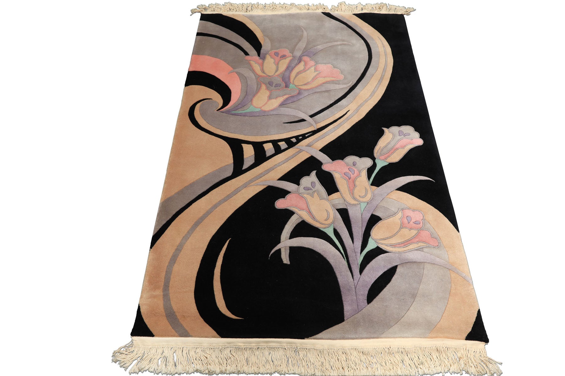 4x6 Black, Beige, Lavender Color Hand Knotted Chinese Art Deco Wool Transitional Oriental Rug