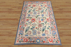 4x6 Ivory, Blush, Blue Color Hand Knotted French Needlepoint Aubusson Wool Traditional Oriental Rug