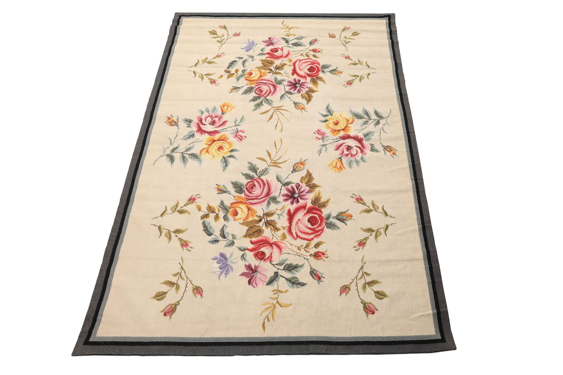 4x6 Ivory, Gray, Black Color Hand Knotted French Needlepoint Aubusson Wool Traditional Oriental Rug