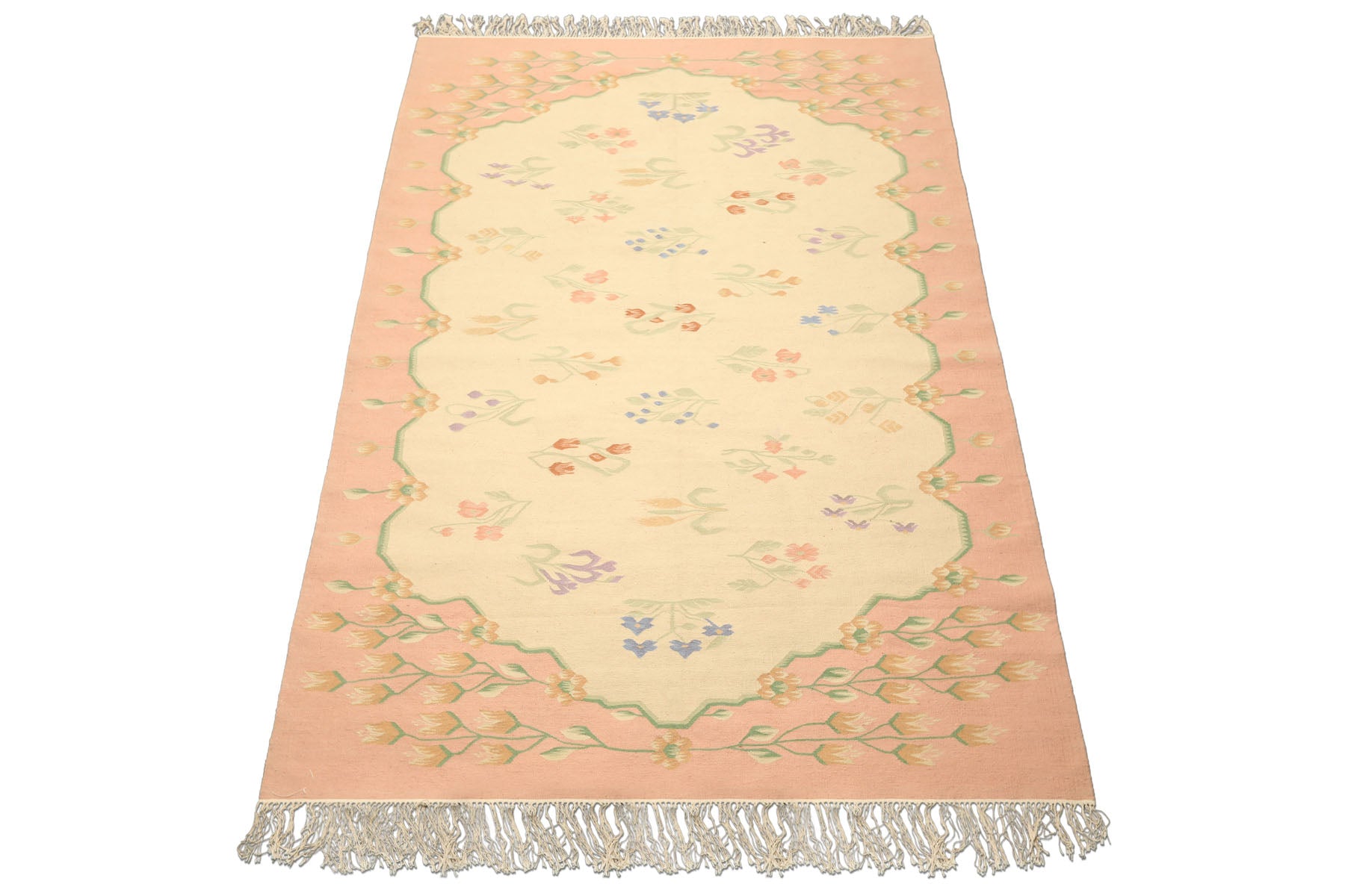 6x9 Ivory, Blush, Green Color Hand Woven Dhurry Kilim Wool Transitional Oriental Rug