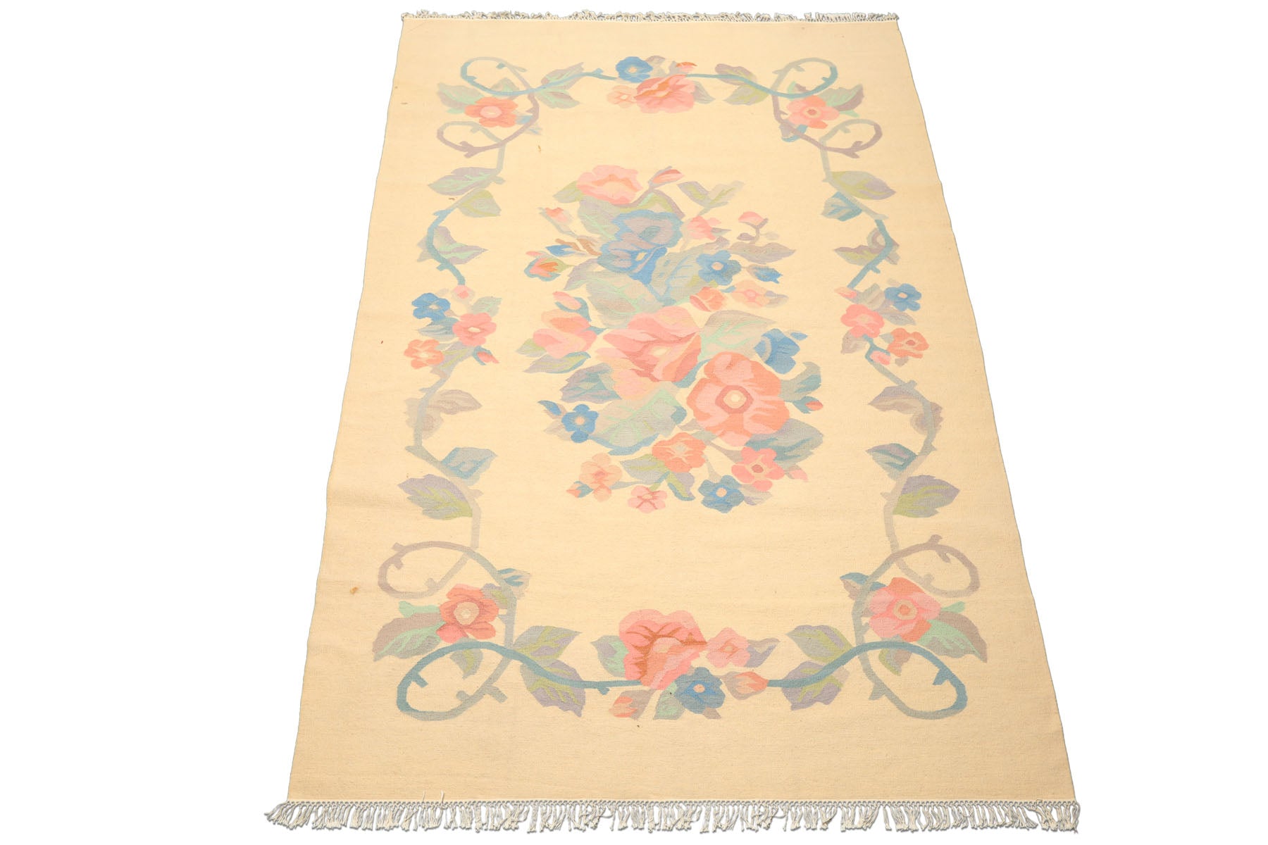 6x9 Ivory, Aqua, Rose Color Hand Woven Dhurry Kilim Wool Transitional Oriental Rug